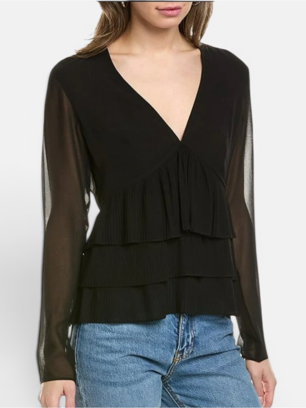 THE KOOPLES Top Black V-neck Long Sleeve Pleated Peplum Blouse Women 0 Sheer NEW